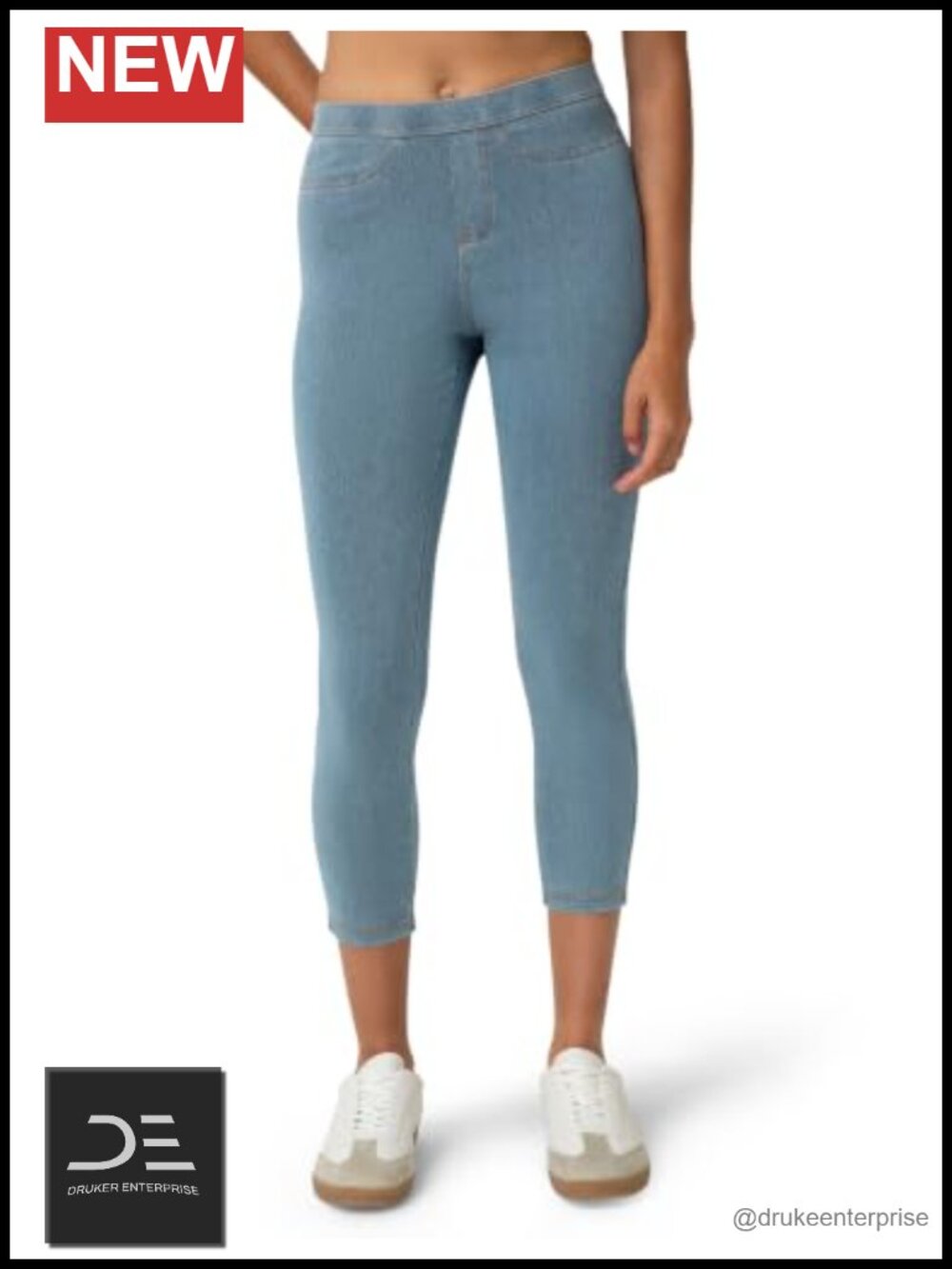 Classic Denim Capri Leggings with Pockets Stretch Pull On Style